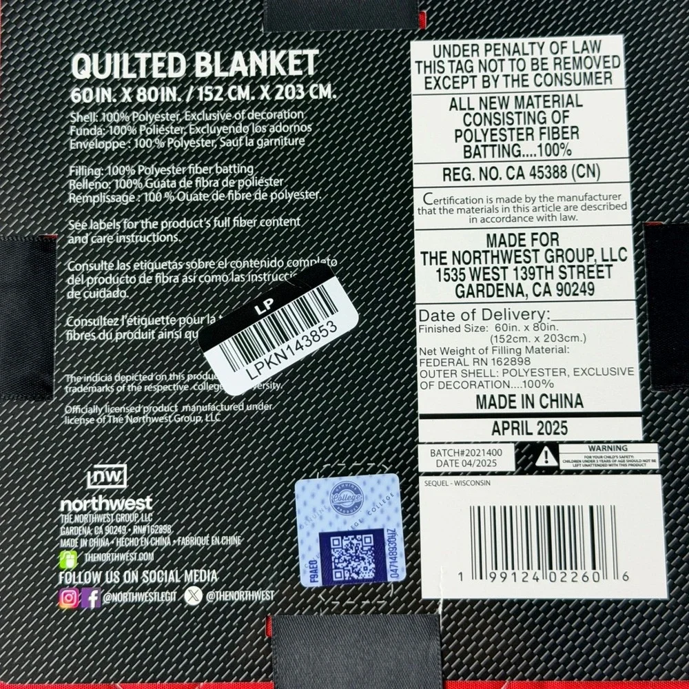 Northwest Wisconsin Badgers Quilted Blanket 60x80 University of Wisconsin NEW